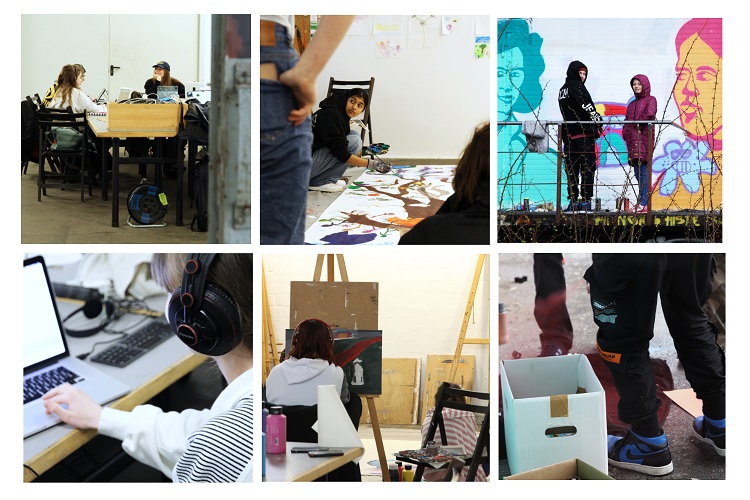 Auswahl an Dokumentationsbildern mit Eindrücken der Workshops zum Thema Malerei, Graffiti und Podcast, der diesjährigen Welterbetagung